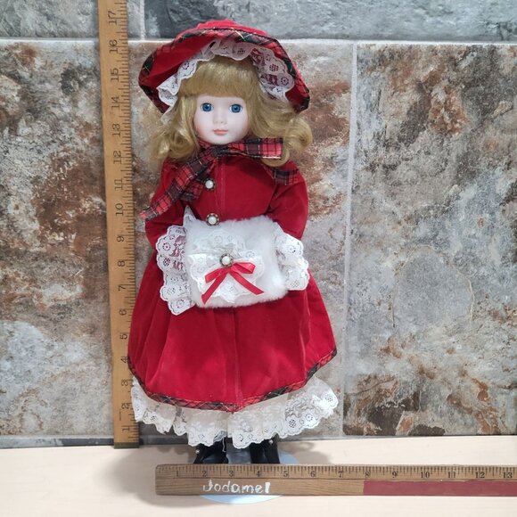 Vintage Porcelain Doll Velvet Red Dress White Lace Muff Hand Warmer - Picture 5 of 14